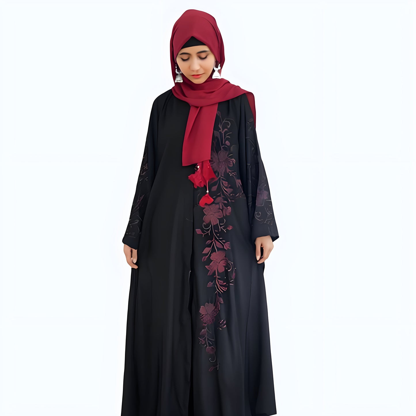 Front Open Black Embroidery Abaya