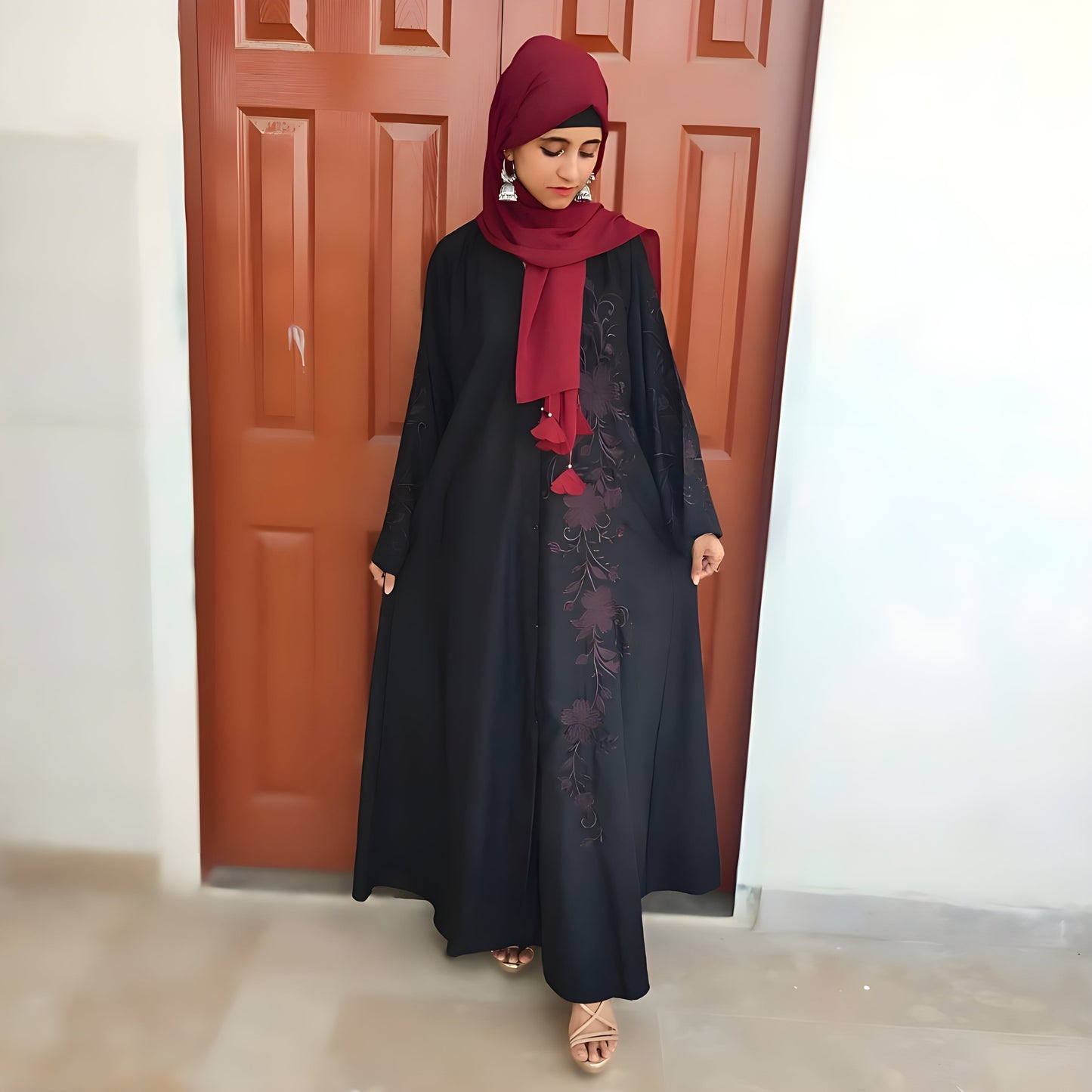 Front Open Black Embroidery Abaya