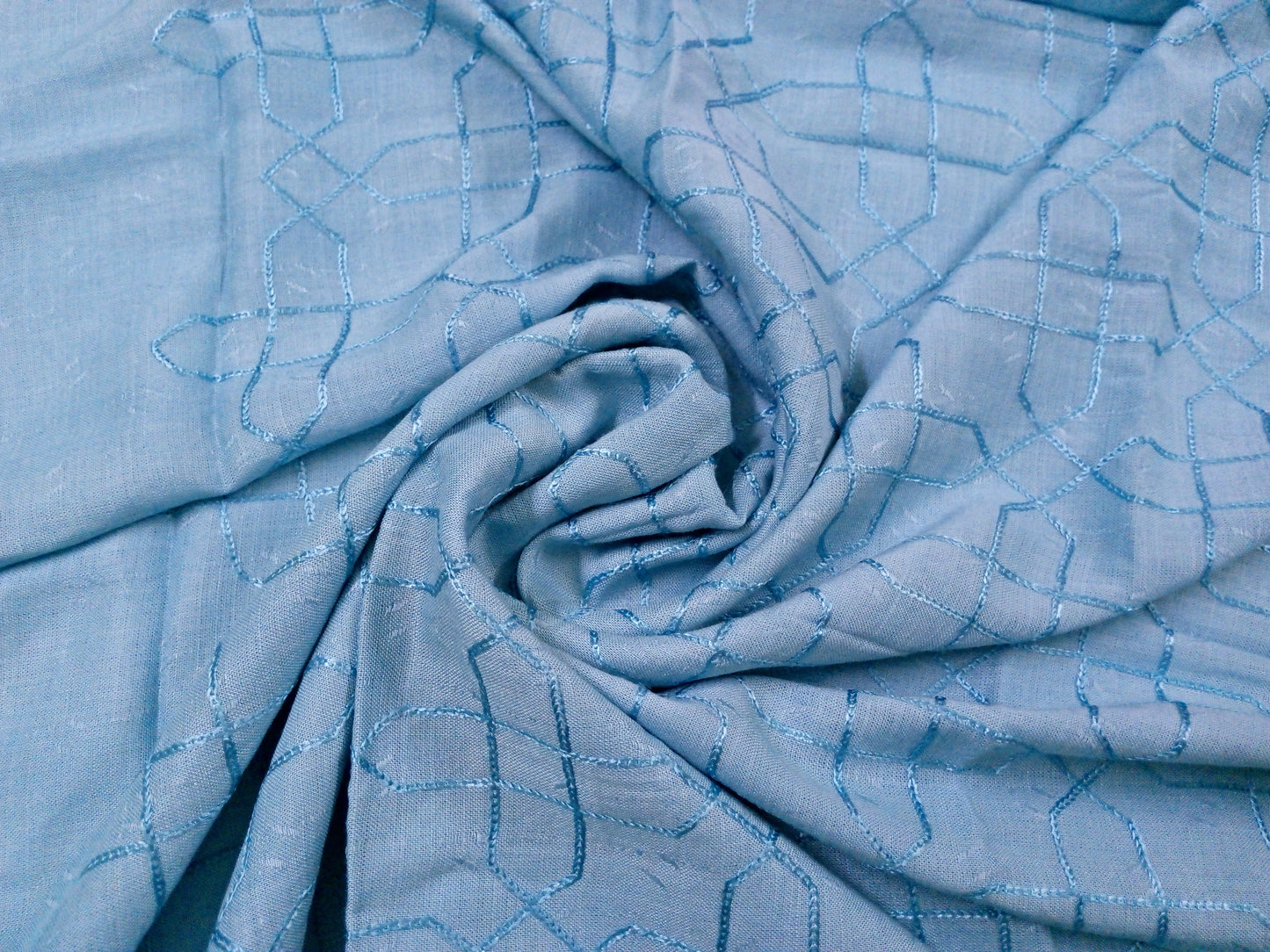 Self Viscose Embroidery Scarf - Light Blue