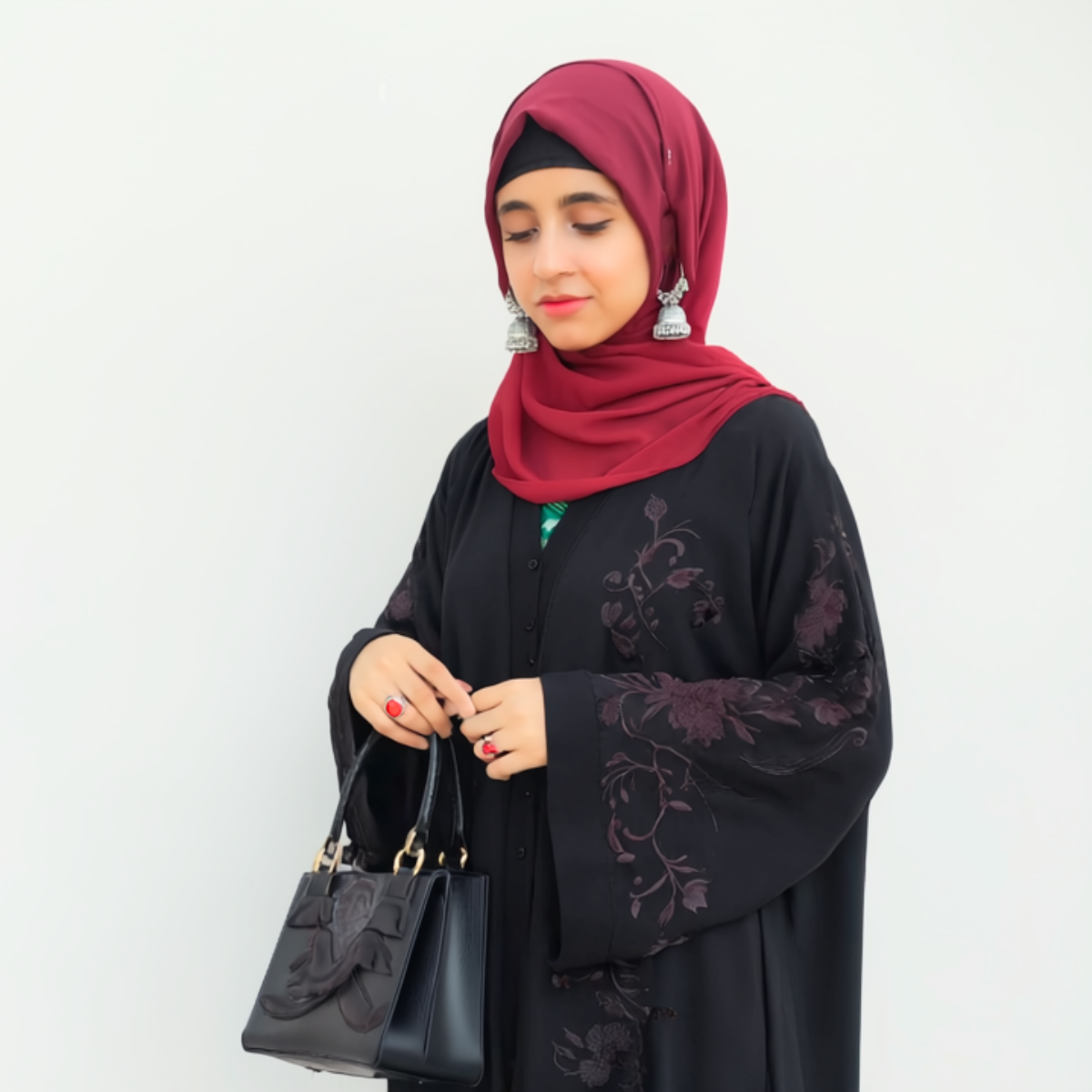 Front Open Black Embroidery Abaya